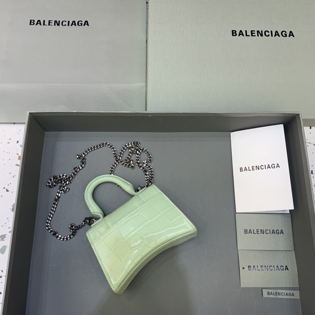 Balenciaga Hourglass Mini Handbag With Chain Crocodile Embossed Shoulder Bag Light Green